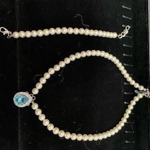 Ivory pearl and light blue gemstone necklace with matching pearl bracelet